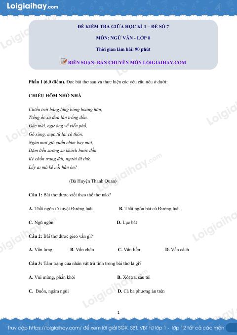 Đề thi giữa kì 1 Văn 8 - Đề số 7